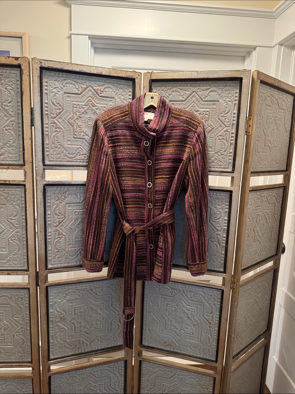 Etcetera Striped Belted Jacket in Purple, Brown and Gold Tones